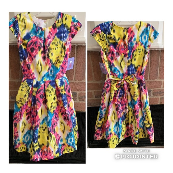 Joe Ella Geometric Yellow Pink Blue Dress 12 - Picture 1 of 6